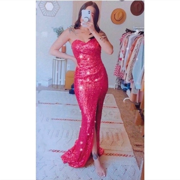 Faviana Pink Sequin Formal Gown Strapless Open Back Size 6 - Picture 10 of 10